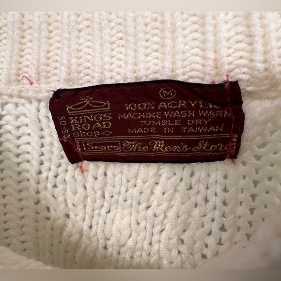 Vintage Fisherman Sears Kings Road Sweater Cream Diamond Cable Knit Crew Size M - Picture 4 of 8